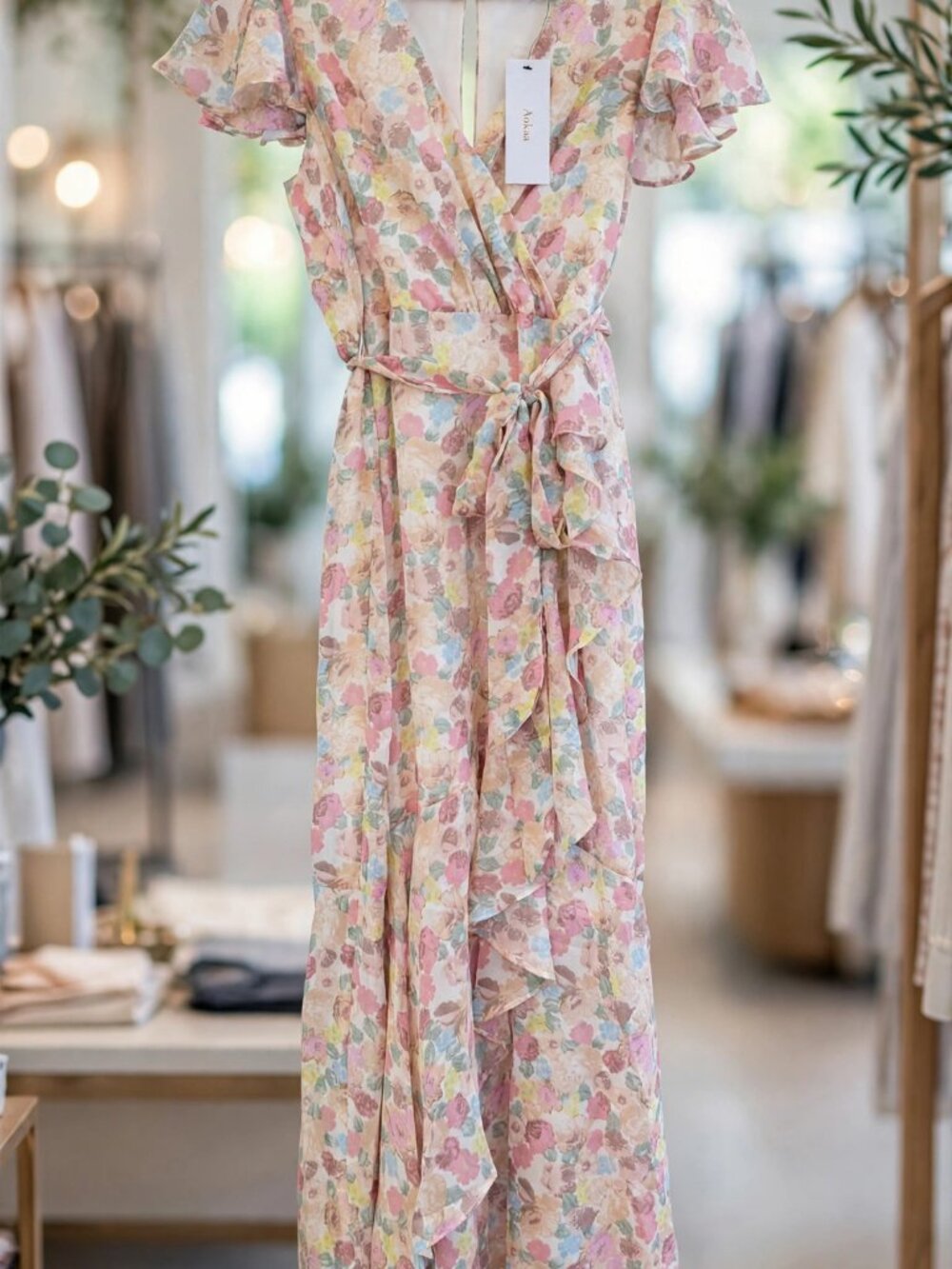 Aakaa Floral Wrap Maxi Dress Pink Flutter Sleeve NWT S